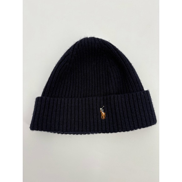 Polo Ralph Lauren Navy Blue Wool Blend Ribbed Cuff Knit Beanie Hat RL Color Pony - Picture 1 of 3